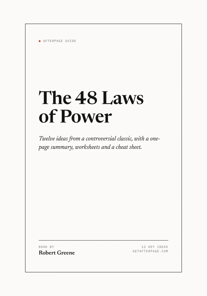 Cover of the Afterpage guide: The 48 Laws of Power. Twelve ideas from a controversial classic, with a one-page summary, worksheets and a cheat sheet. Book by Robert Greene.