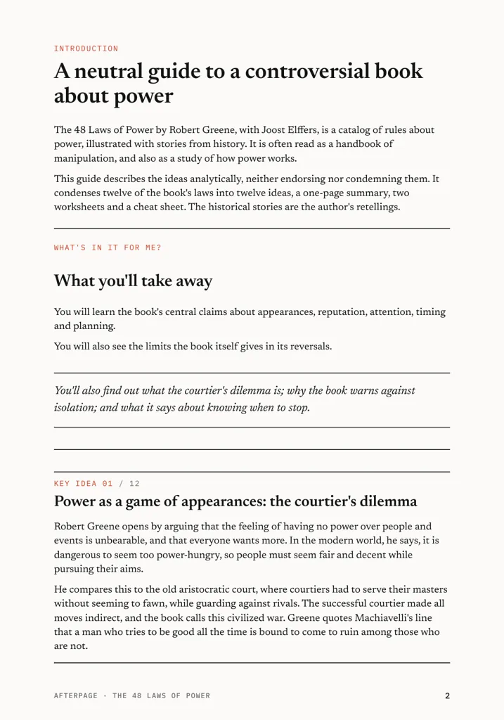 Page 2 of the guide: a neutral guide to a controversial book about power, with what you'll take away.