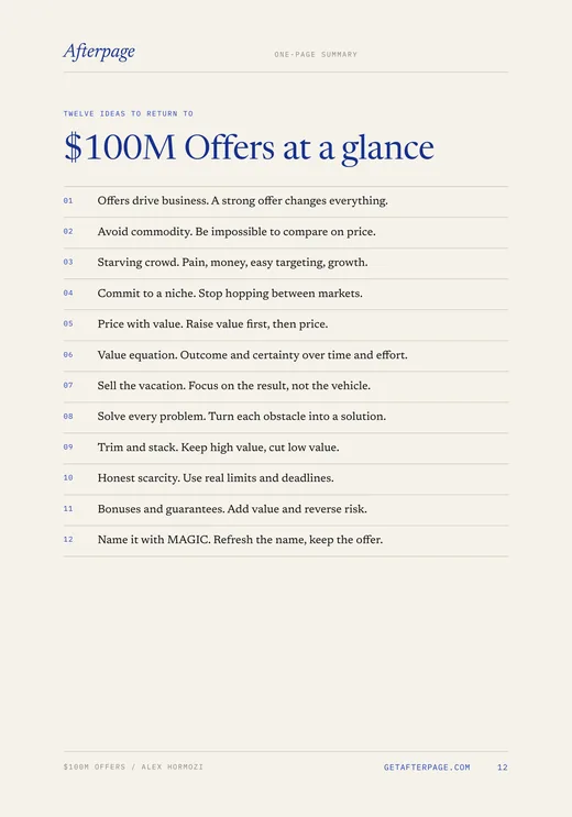 Page 12 of the guide: $100M Offers at a glance, the 12 ideas on one page.