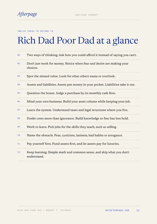 Page 12 of the guide: Rich Dad Poor Dad at a glance, the 12 ideas on one page.