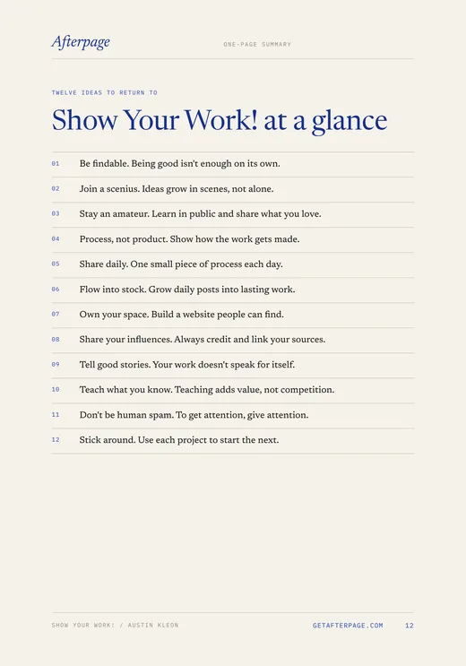 Page 12 of the guide: Show Your Work! at a glance, the 12 ideas on one page.