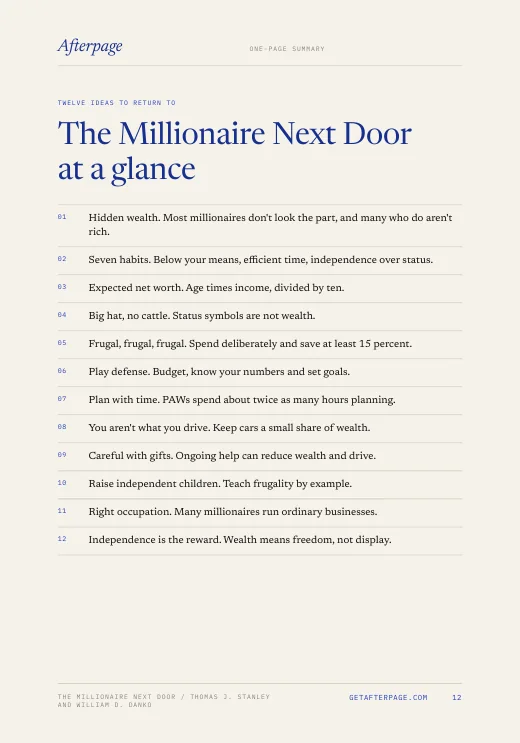 Page 12 of the guide: The Millionaire Next Door at a glance, the 12 ideas on one page.
