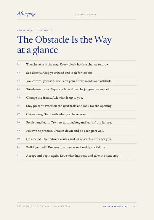 Page 12 of the guide: The Obstacle Is the Way at a glance, the 12 ideas on one page.