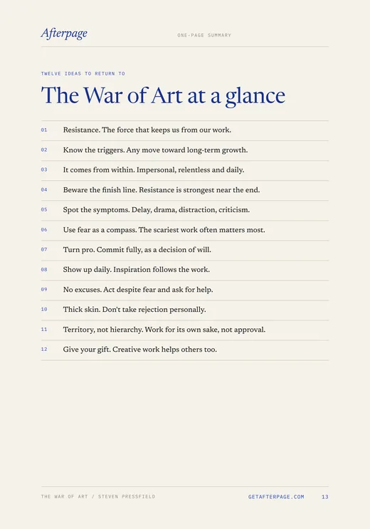 Page 13 of the guide: The War of Art at a glance, the 12 ideas on one page.